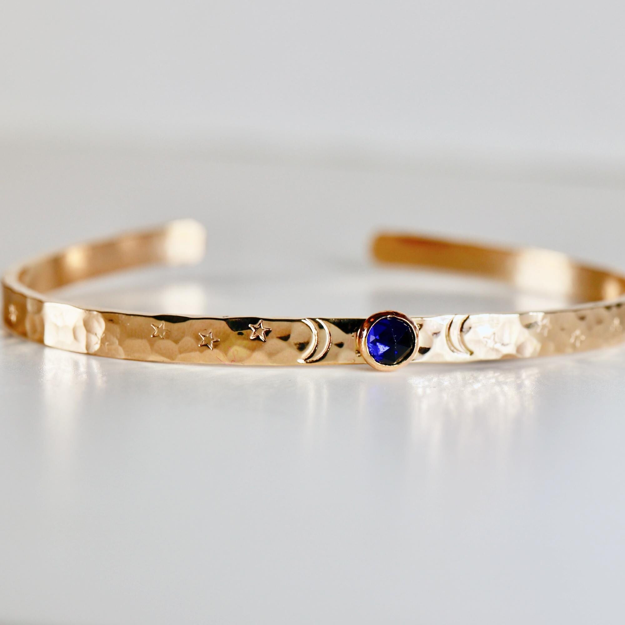Birthstone Gold Cuff Bracelet, Hand Stamped Goddess Bracelet, Lab Grown Sapphire, Emerald, Ruby Personalized Bracelet, Mother's Day Gift