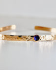 Birthstone Gold Cuff Bracelet, Hand Stamped Goddess Bracelet, Lab Grown Sapphire, Emerald, Ruby Personalized Bracelet, Mother's Day Gift