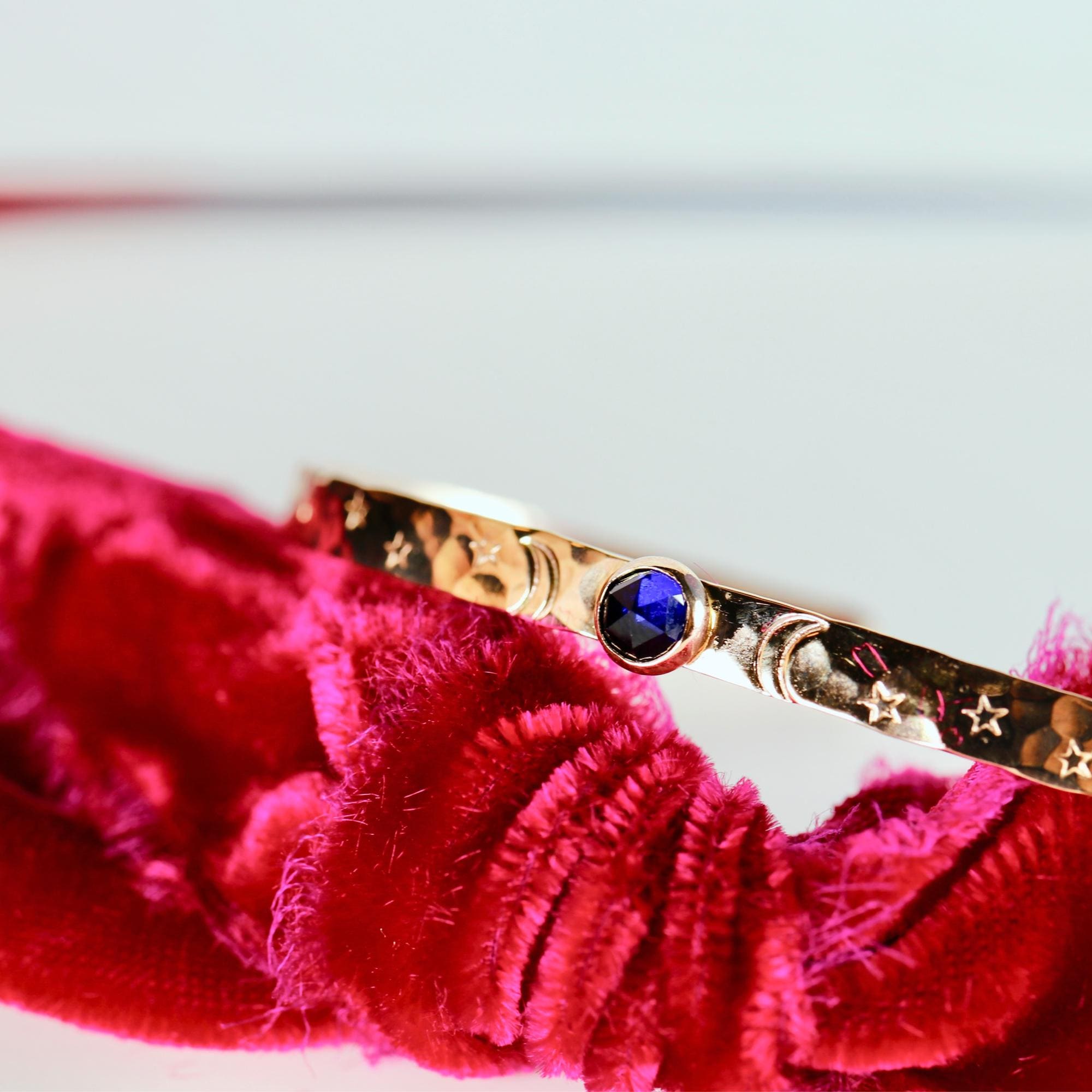 Birthstone Gold Cuff Bracelet, Hand Stamped Goddess Bracelet, Lab Grown Sapphire, Emerald, Ruby Personalized Bracelet, Mother's Day Gift