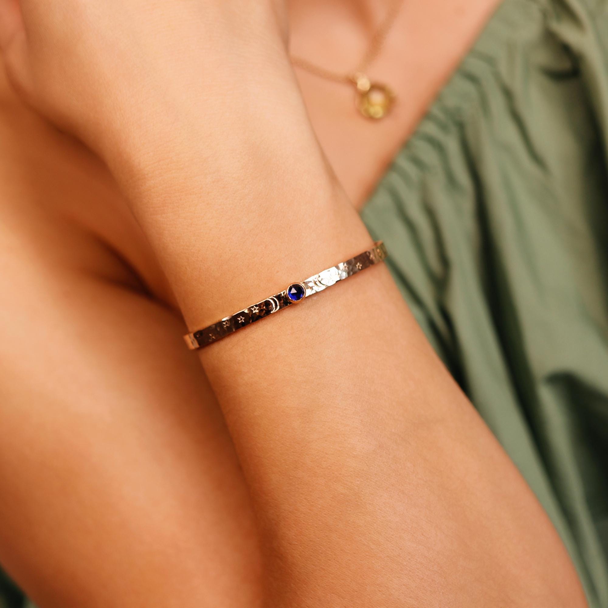 Birthstone Gold Cuff Bracelet, Hand Stamped Goddess Bracelet, Lab Grown Sapphire, Emerald, Ruby Personalized Bracelet, Mother's Day Gift