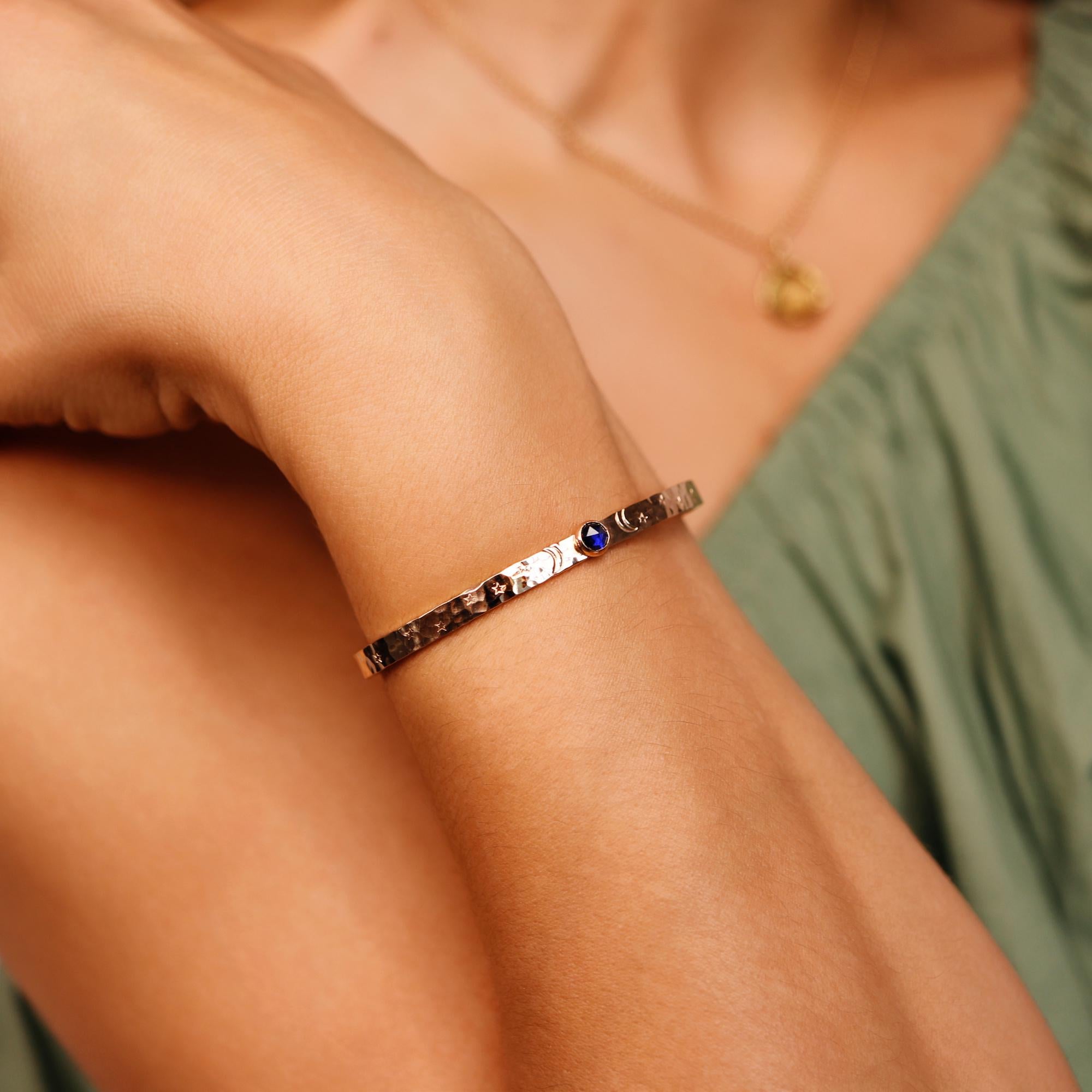 Birthstone Gold Cuff Bracelet, Hand Stamped Goddess Bracelet, Lab Grown Sapphire, Emerald, Ruby Personalized Bracelet, Mother's Day Gift
