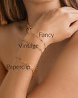 Three gold chain bracelets on a person&