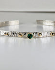 Emerald Cuff Bracelet, Silver Cuff Bracelet, Silver Gemstone Bracelet with Gold Balls, May Birthstone Jewelry, Mixed Metal Jewelry