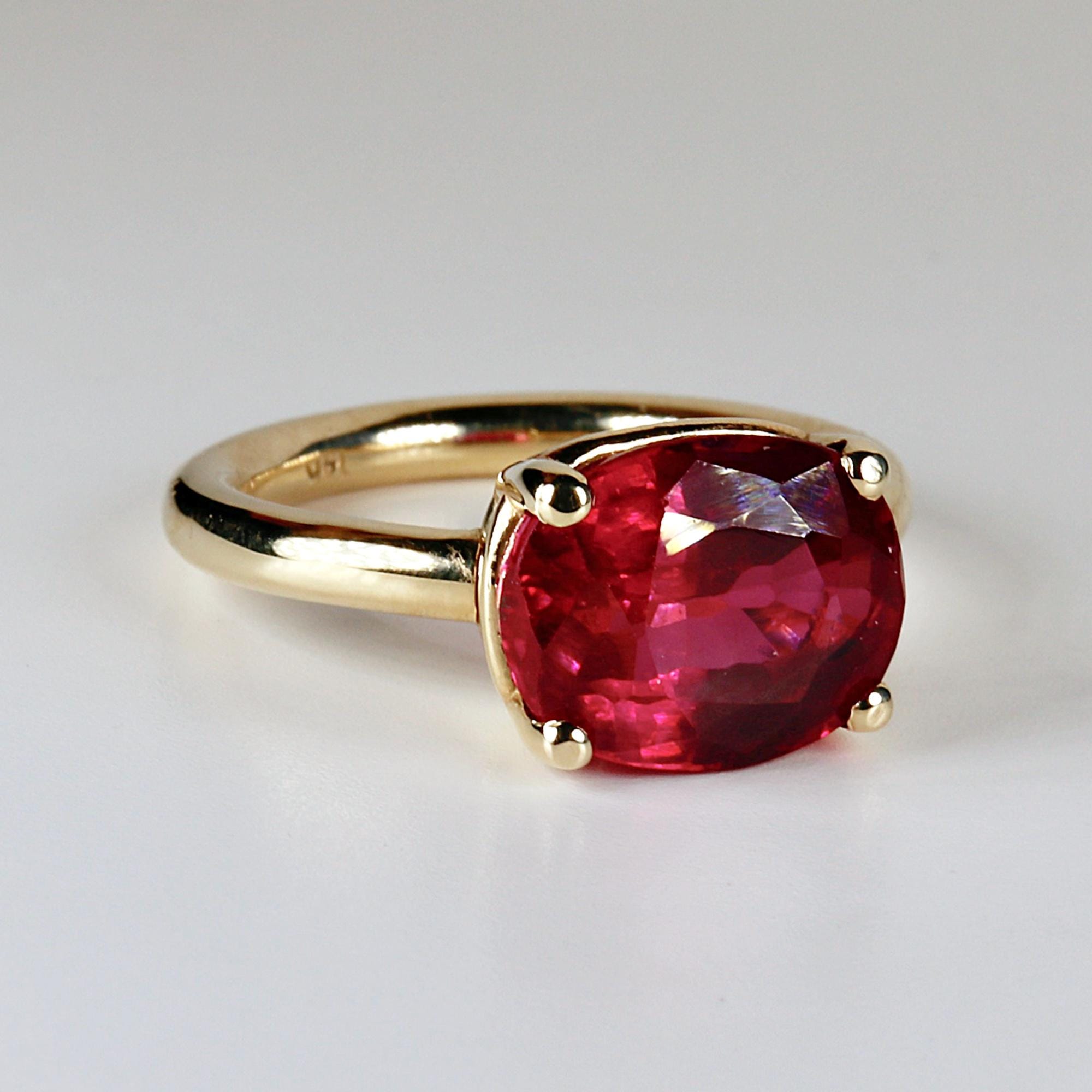 5.2 ct Weight Cushion Cut Lab Grown Ruby Ring 14k Gold, East West Ruby Ring, Minimalist Solitaire Ring, Thick Band Ring, Anniversary Gift