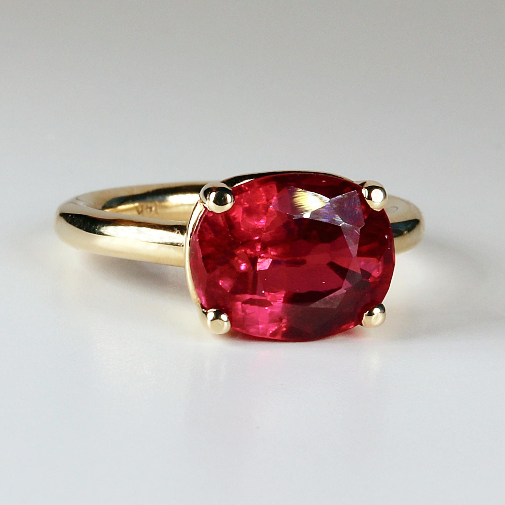 5.2 ct Weight Cushion Cut Lab Grown Ruby Ring 14k Gold, East West Ruby Ring, Minimalist Solitaire Ring, Thick Band Ring, Anniversary Gift