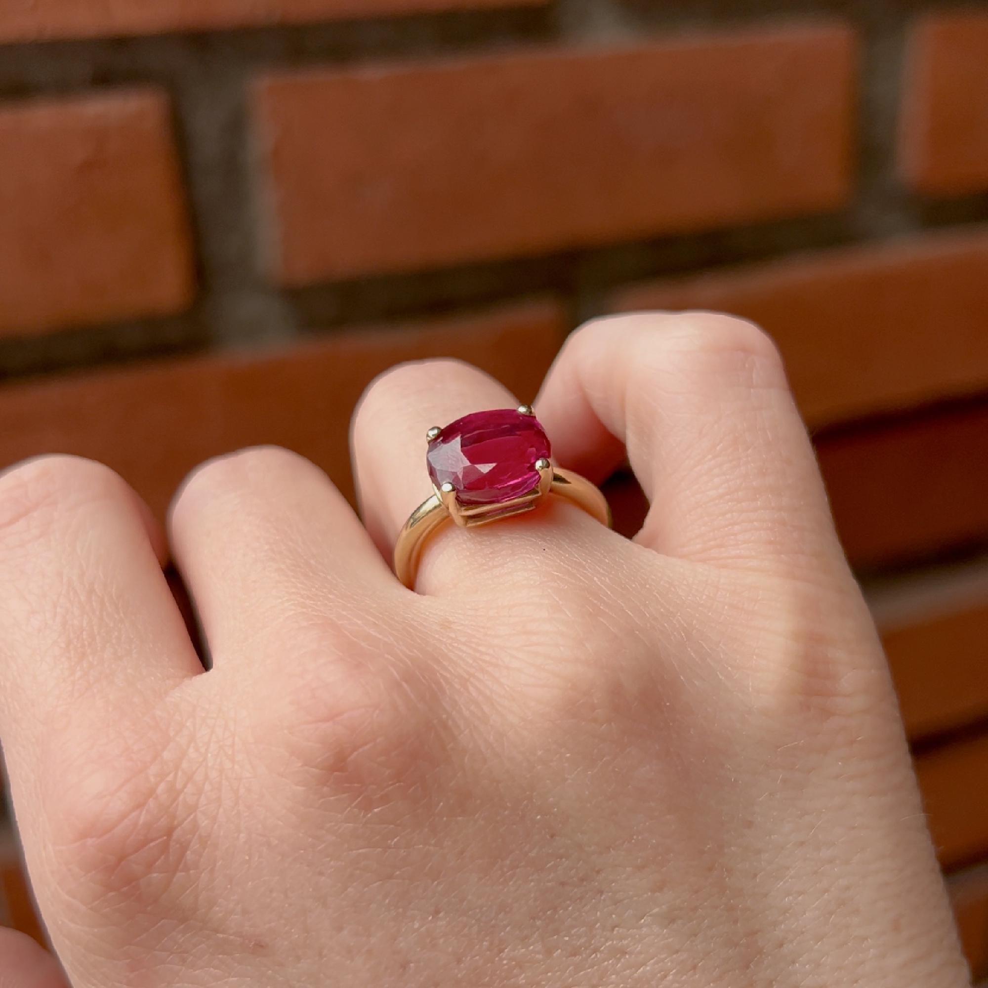 5.2 ct Weight Cushion Cut Lab Grown Ruby Ring 14k Gold, East West Ruby Ring, Minimalist Solitaire Ring, Thick Band Ring, Anniversary Gift