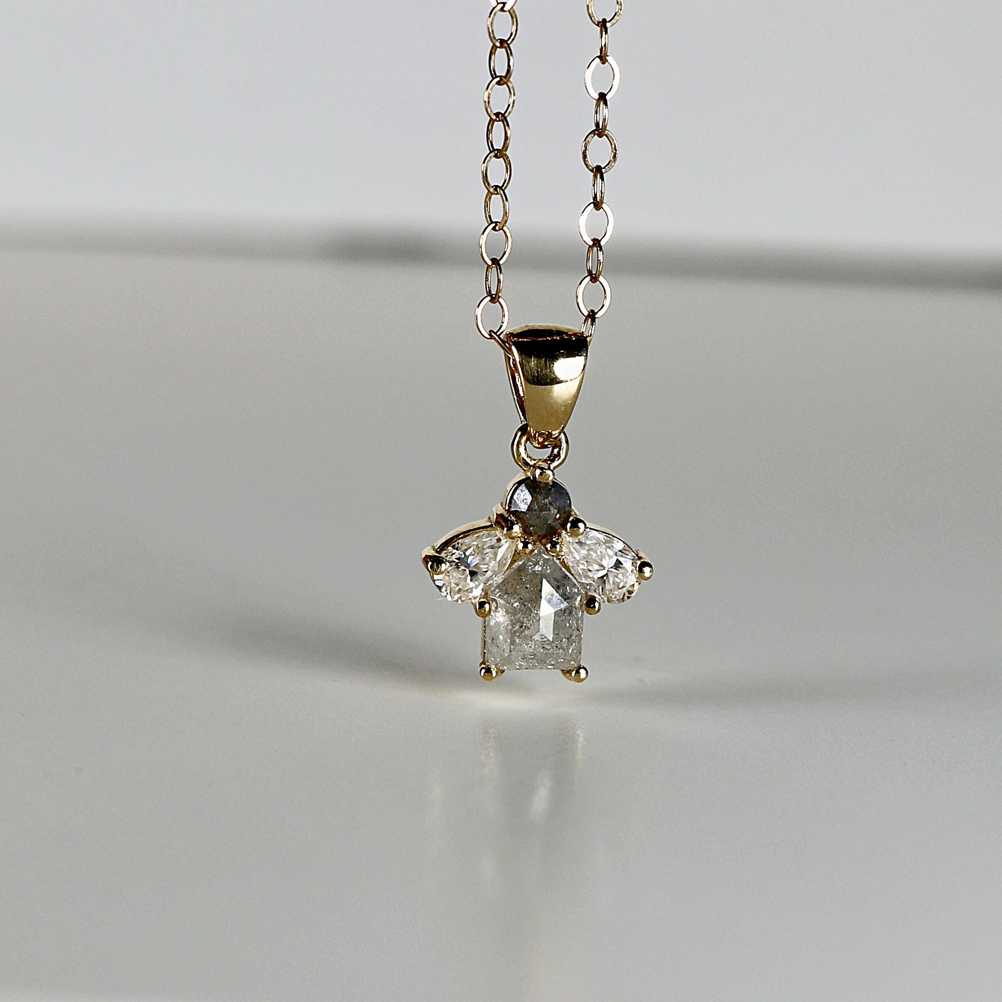 Salt and Pepper Diamond Necklace 14k Solid Gold, Dangling Fancy Cut Diamond Necklace, Gift For Her, Handmade Modern Jewelry