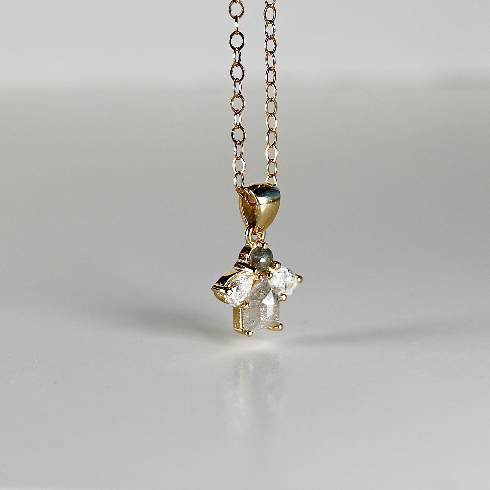 Salt and Pepper Diamond Necklace 14k Solid Gold, Dangling Fancy Cut Diamond Necklace, Gift For Her, Handmade Modern Jewelry
