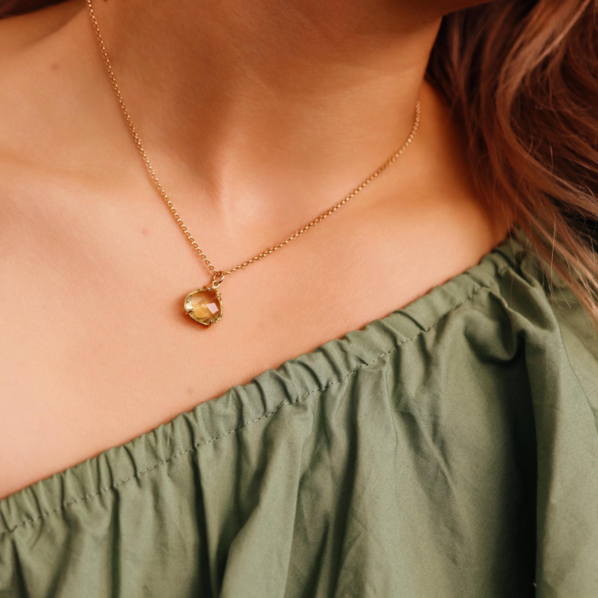 Lemon Topaz Necklace 14k Solid Gold, Minimalist Rose Cut Yellow Lemon Topaz Pendant Necklace, Mother's Day Gift for New Mom