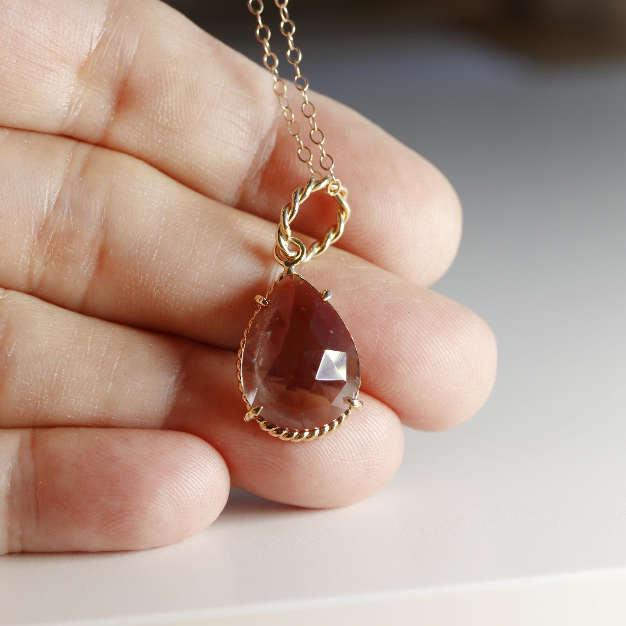 Drop Smokey Quartz Pendant Necklace 14k Solid Gold, Minimalist Pear Smoky Quartz Charm Pendant Necklace, Mother's Day Gift for New Mom