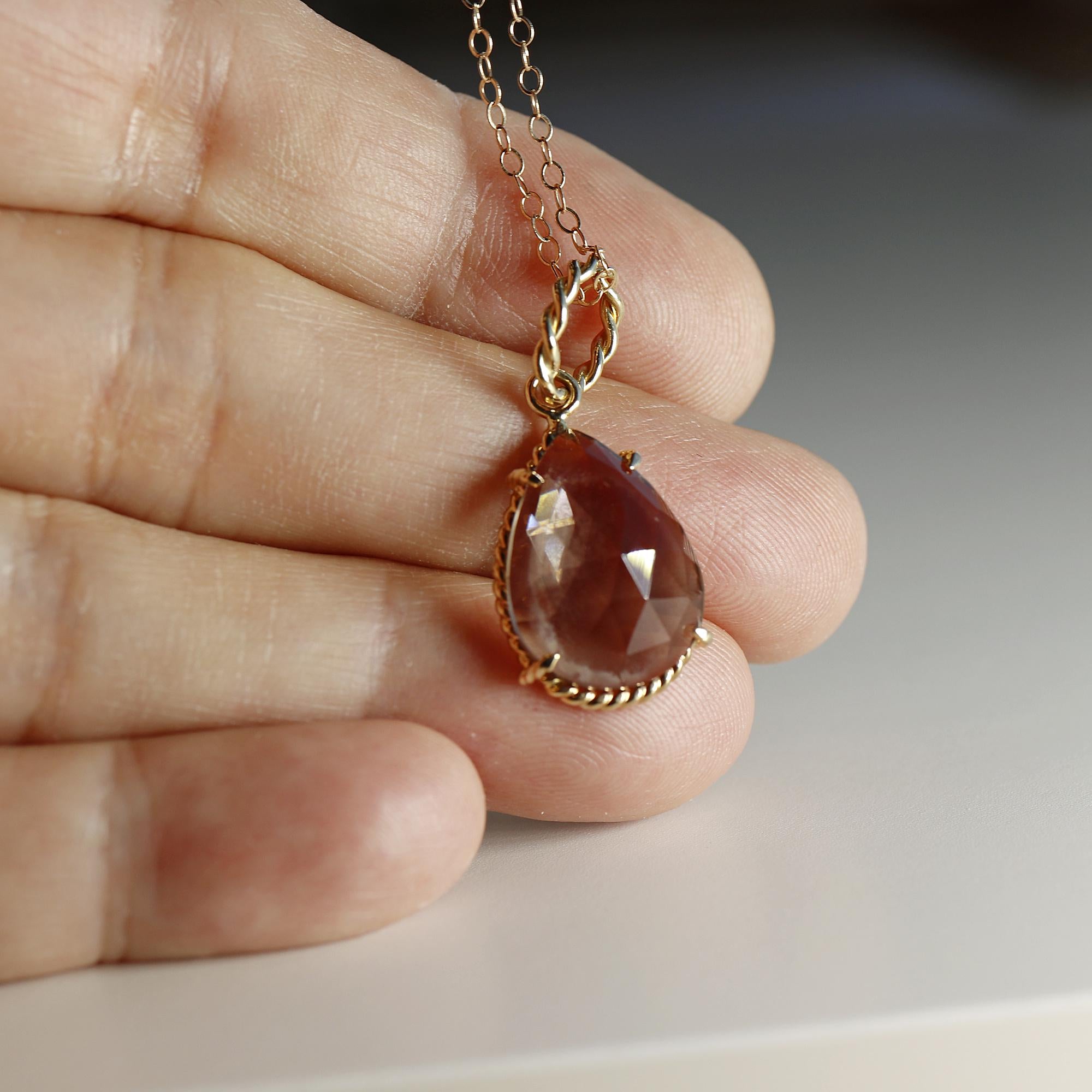 Drop Smokey Quartz Pendant Necklace 14k Solid Gold, Minimalist Pear Smoky Quartz Charm Pendant Necklace, Mother's Day Gift for New Mom