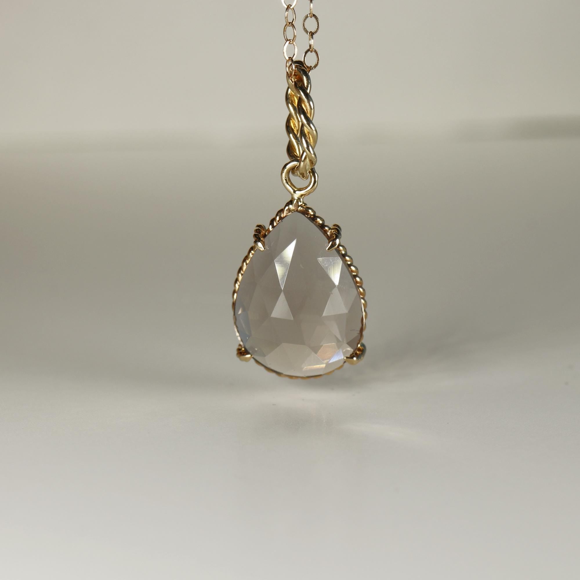 Drop Smokey Quartz Pendant Necklace 14k Solid Gold, Minimalist Pear Smoky Quartz Charm Pendant Necklace, Mother's Day Gift for New Mom