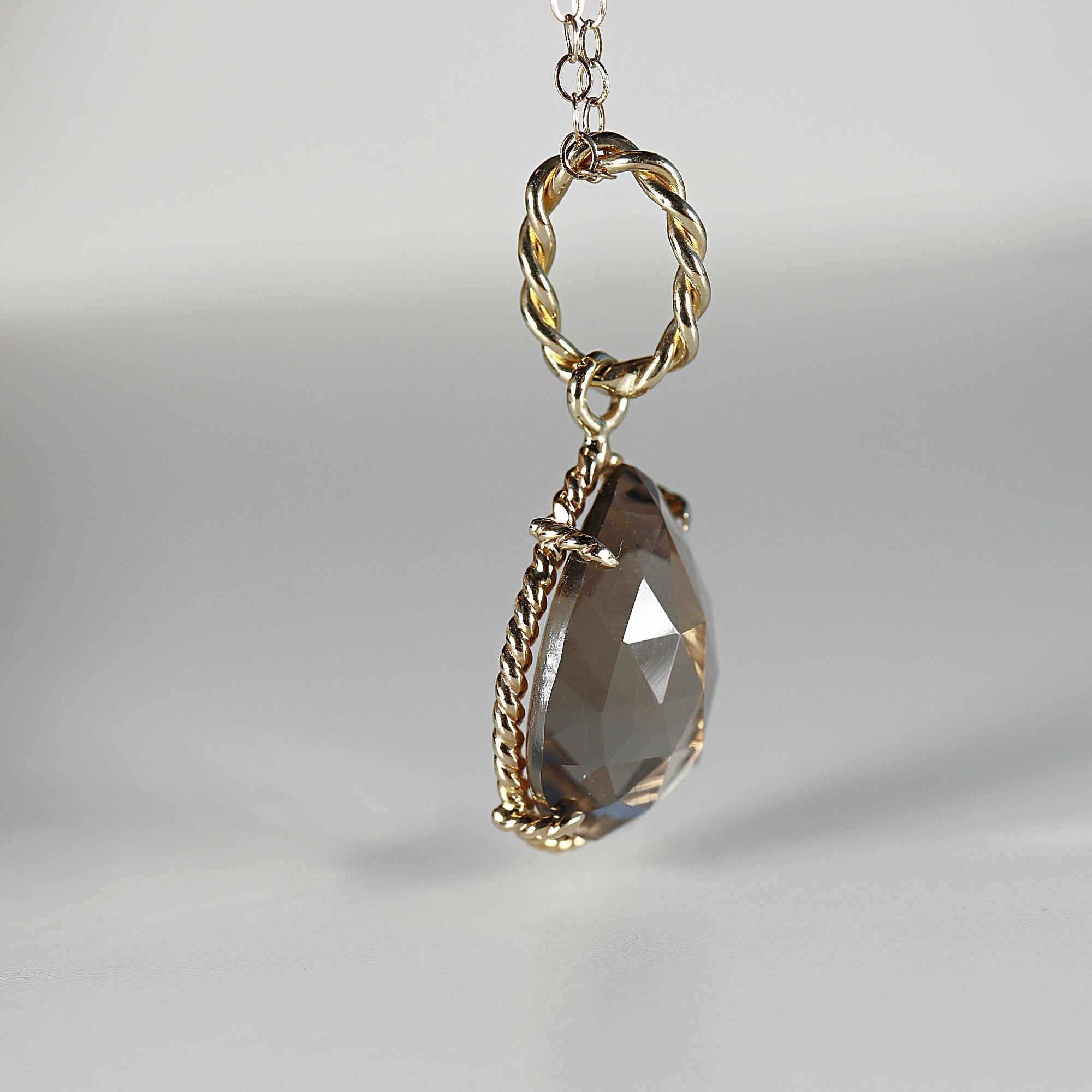 Drop Smokey Quartz Pendant Necklace 14k Solid Gold, Minimalist Pear Smoky Quartz Charm Pendant Necklace, Mother's Day Gift for New Mom