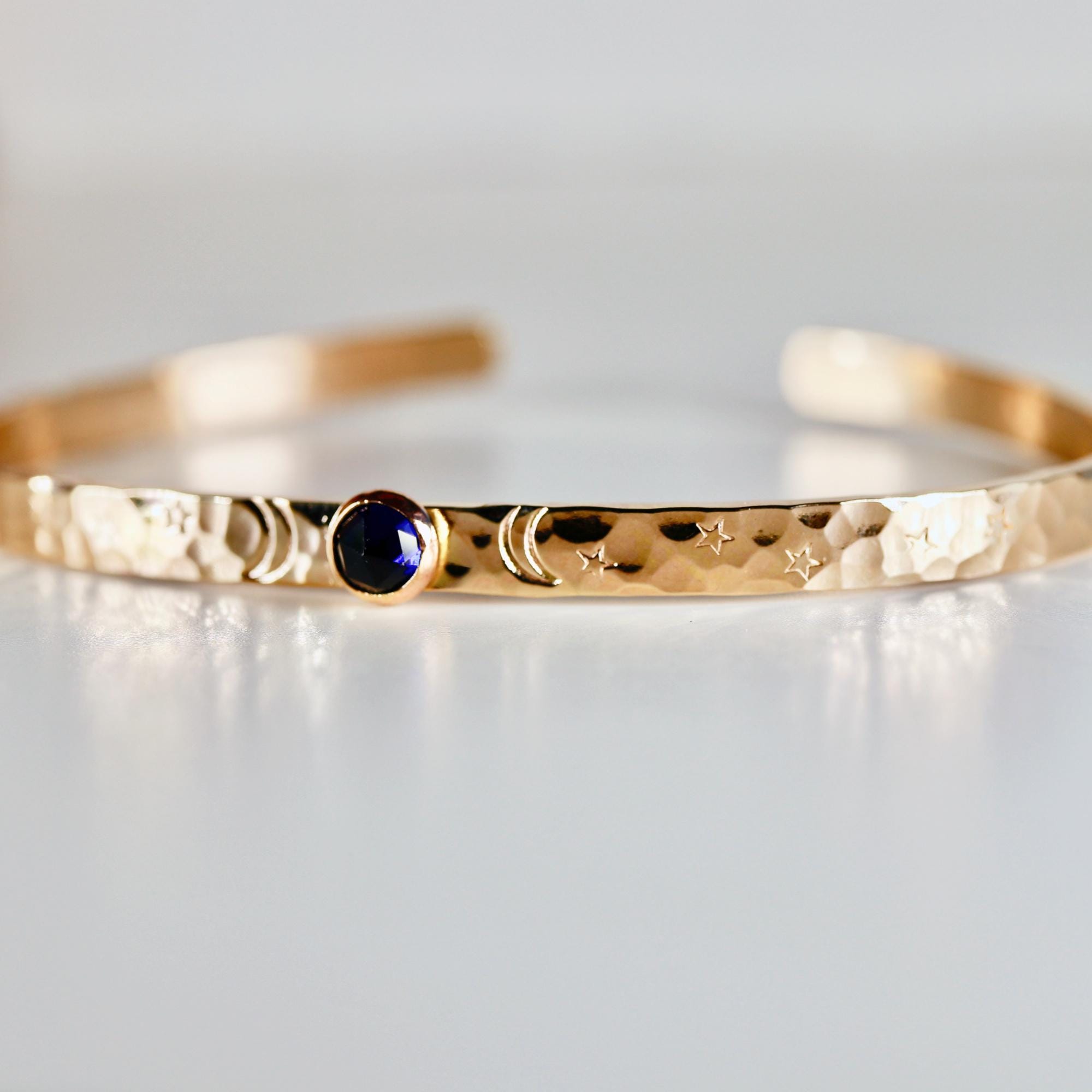 Birthstone Gold Cuff Bracelet, Hand Stamped Goddess Bracelet, Lab Grown Sapphire, Emerald, Ruby Personalized Bracelet, Mother's Day Gift