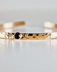 Birthstone Gold Cuff Bracelet, Hand Stamped Goddess Bracelet, Lab Grown Sapphire, Emerald, Ruby Personalized Bracelet, Mother's Day Gift