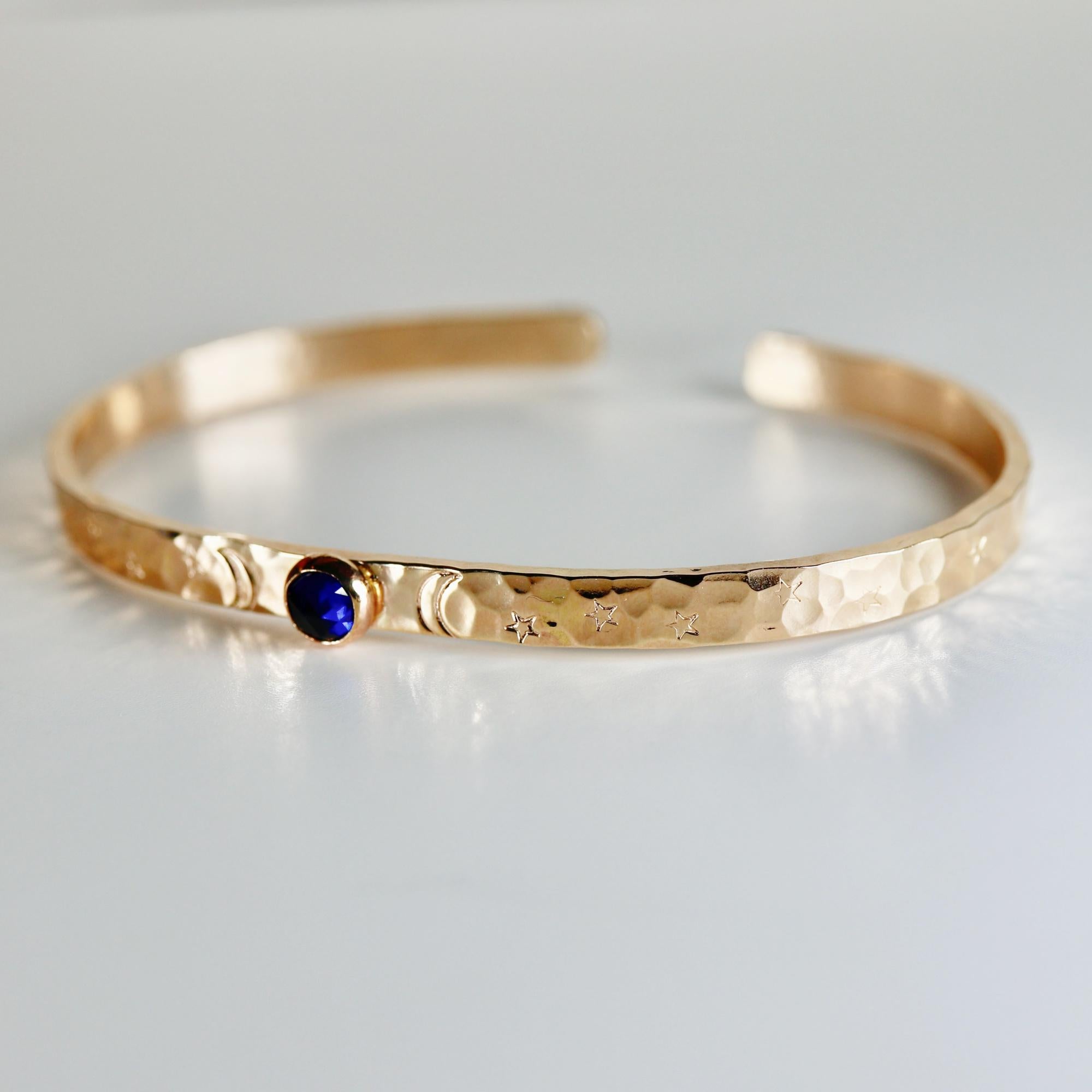 Birthstone Gold Cuff Bracelet, Hand Stamped Goddess Bracelet, Lab Grown Sapphire, Emerald, Ruby Personalized Bracelet, Mother's Day Gift