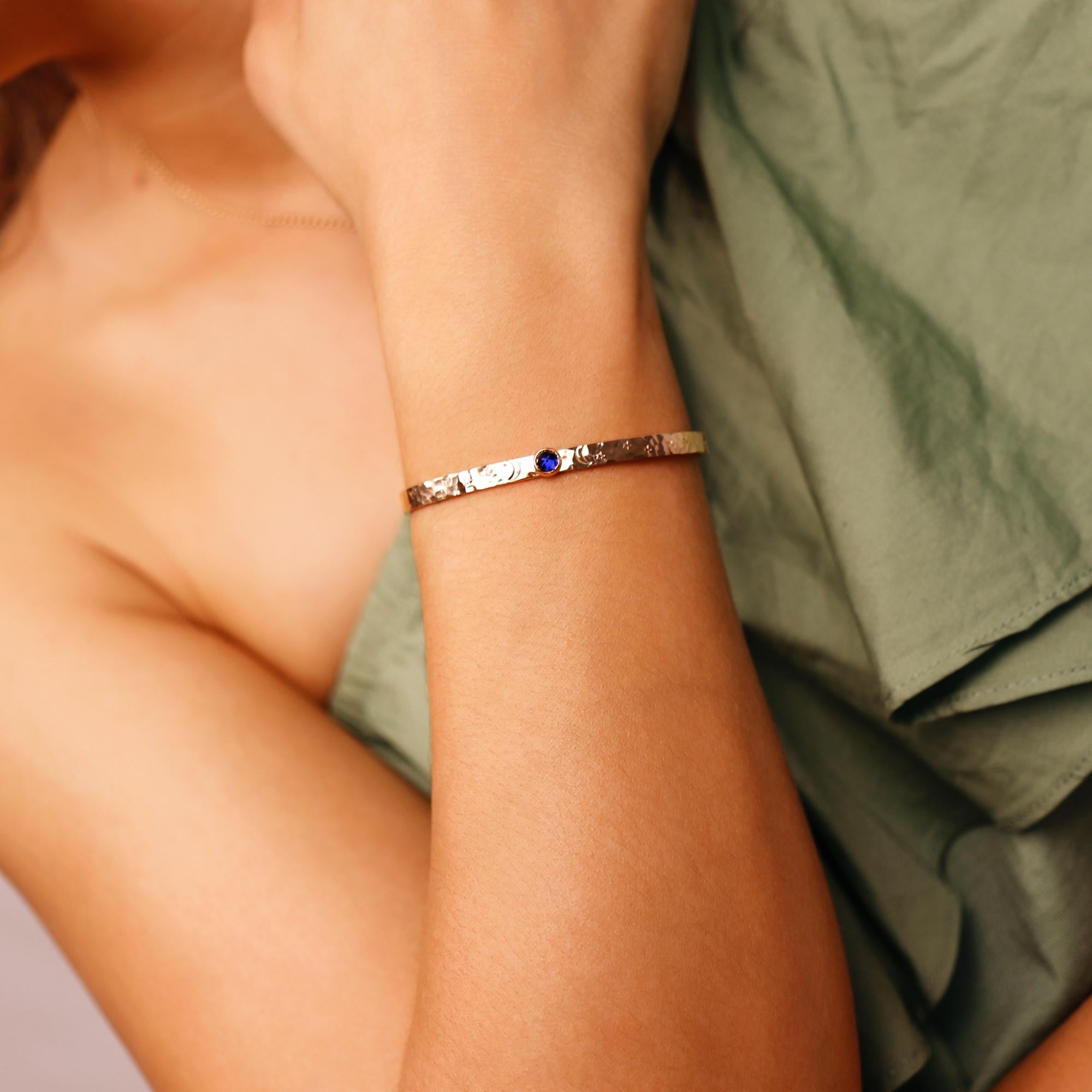 Birthstone Gold Cuff Bracelet, Hand Stamped Goddess Bracelet, Lab Grown Sapphire, Emerald, Ruby Personalized Bracelet, Mother's Day Gift