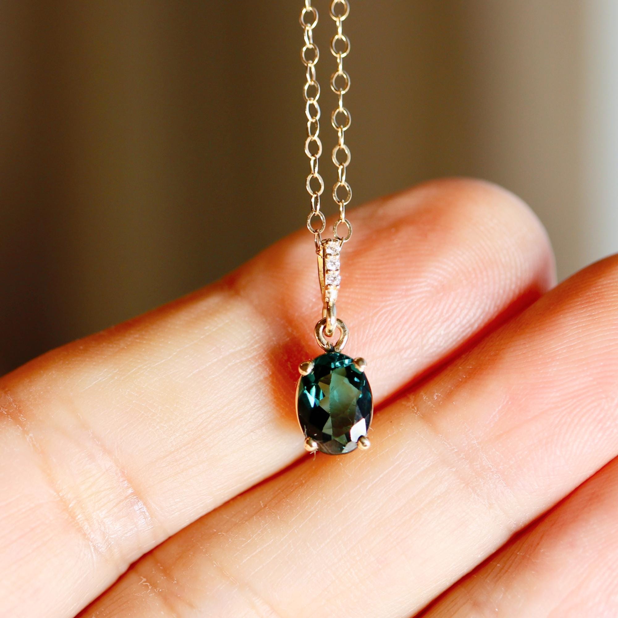 Green Tourmaline Necklace 14k Solid Gold with Diamond Bail, Genuine Tourmaline Pendant Necklace, October Birthstone Jewelry Gift For Her