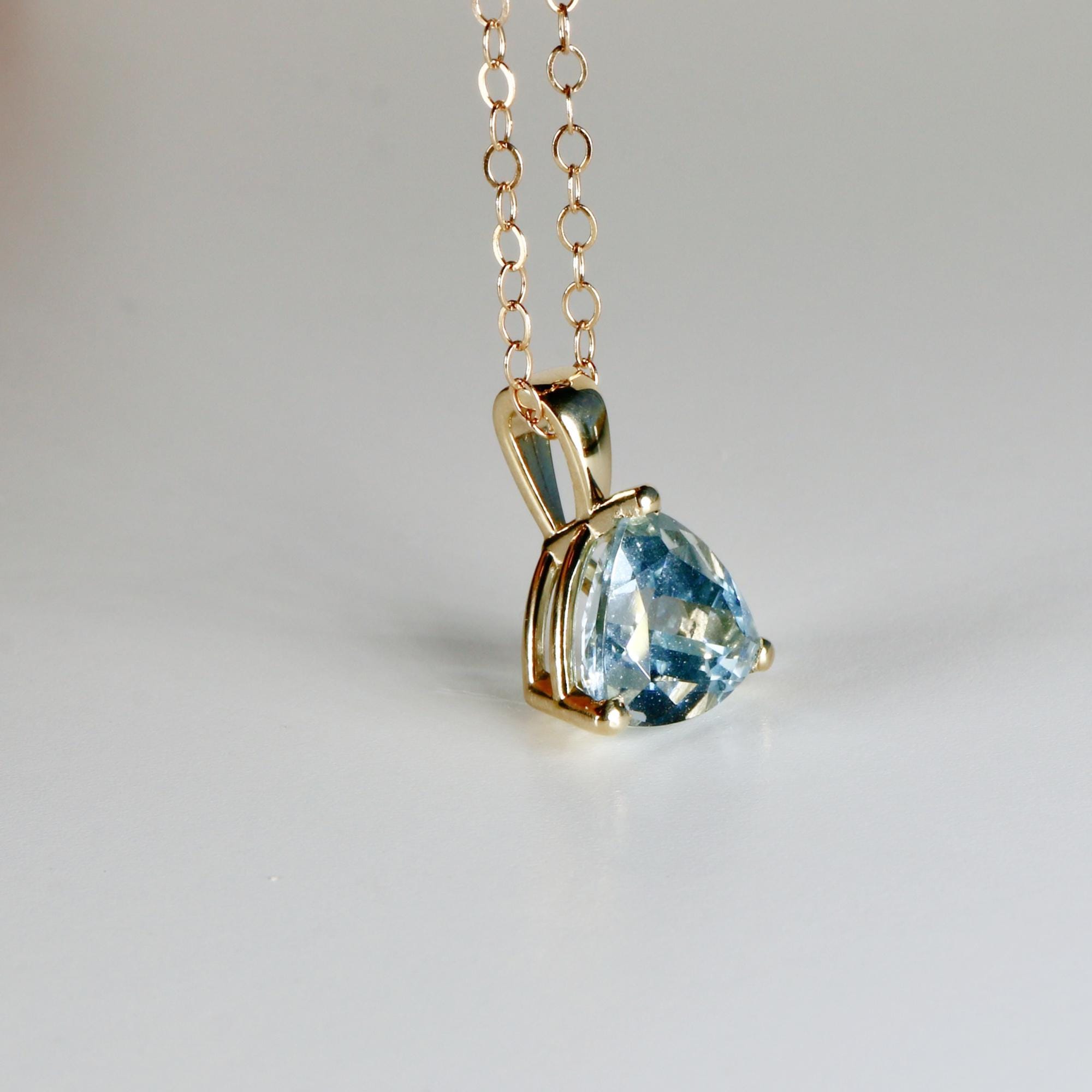 Trillion Aquamarine Necklace 14k Solid Gold, Aquamarine Pendant Necklace, March Birthstone Necklace, Gift for New Mom, Bridal Jewelry