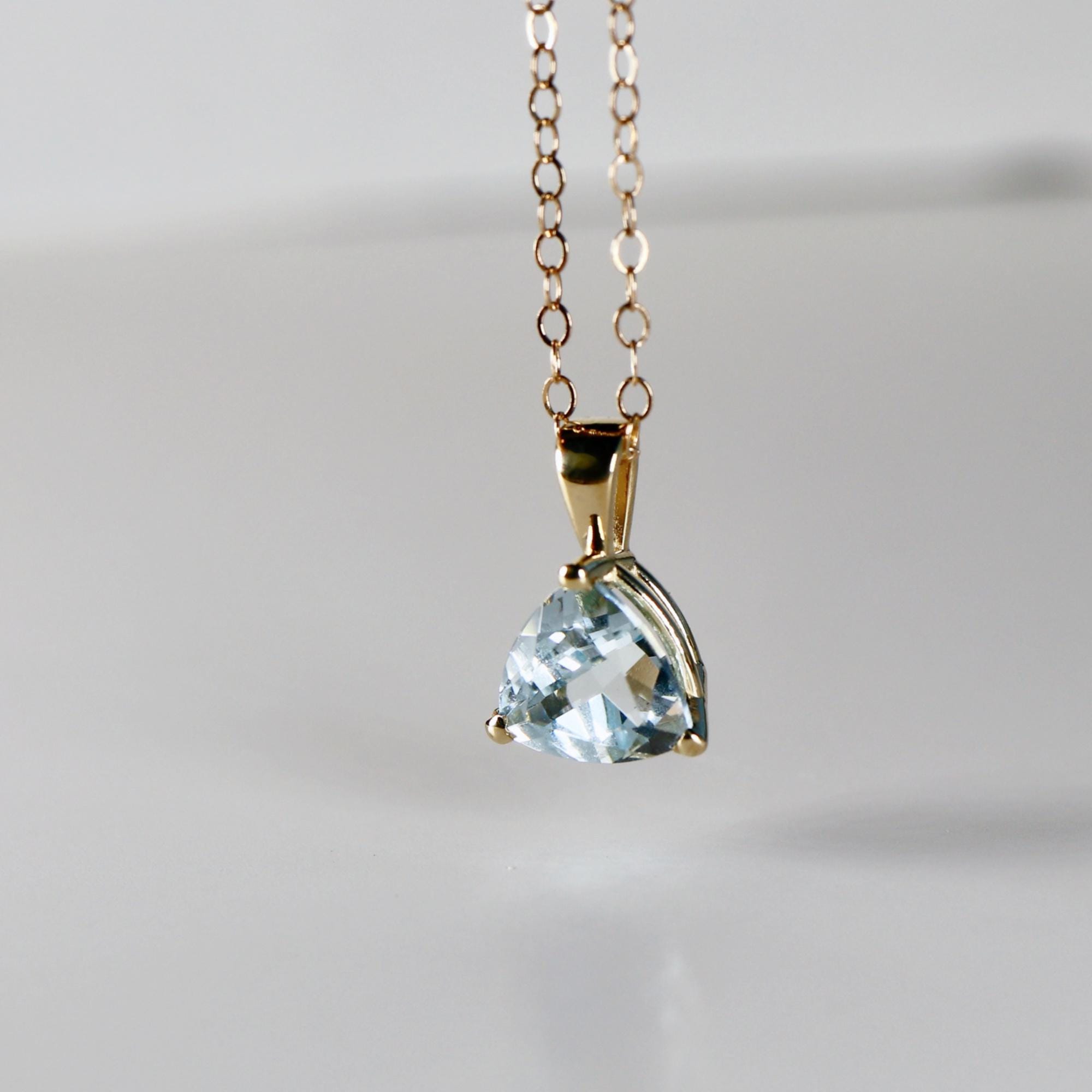 Trillion Aquamarine Necklace 14k Solid Gold, Aquamarine Pendant Necklace, March Birthstone Necklace, Gift for New Mom, Bridal Jewelry