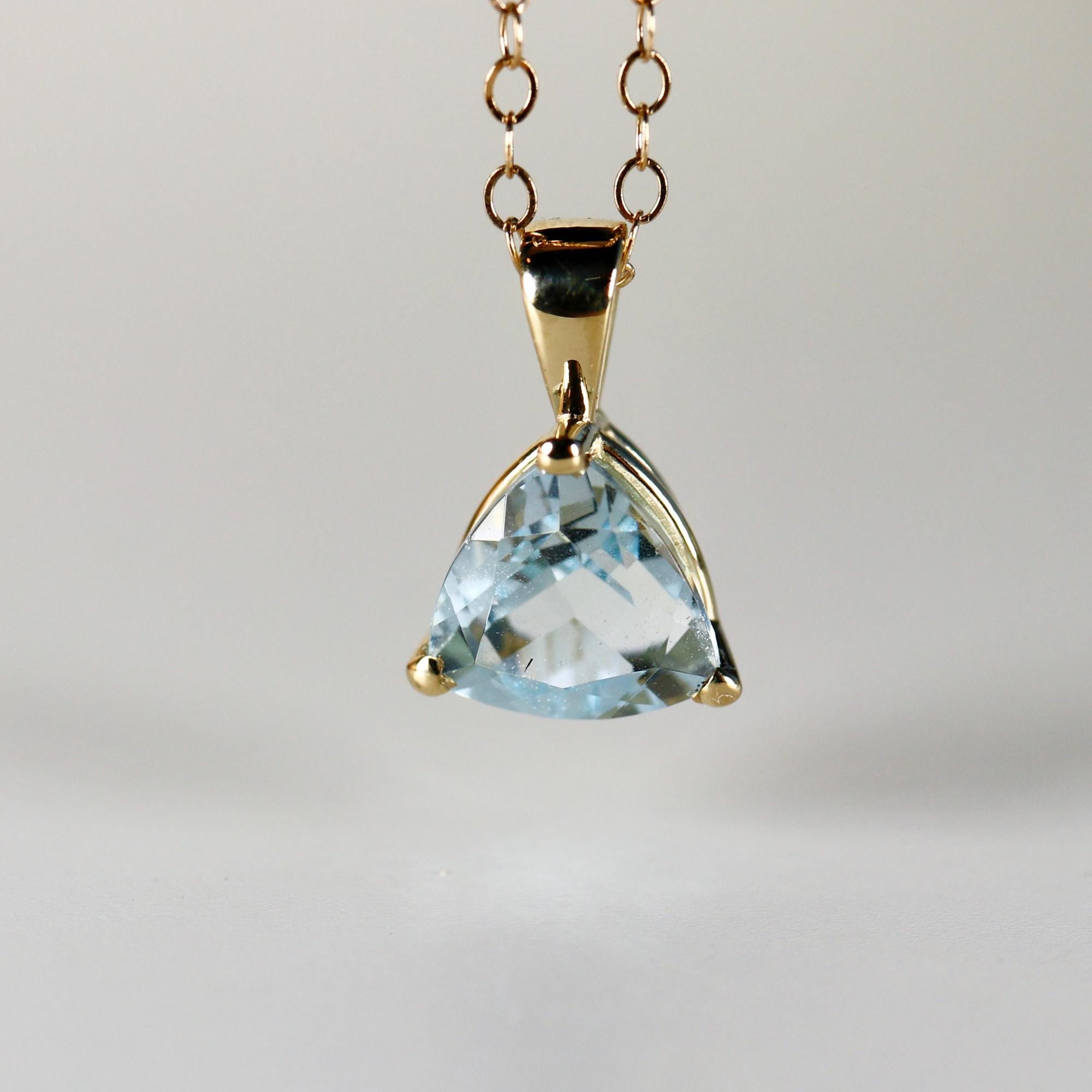 Trillion Aquamarine Necklace 14k Solid Gold, Aquamarine Pendant Necklace, March Birthstone Necklace, Gift for New Mom, Bridal Jewelry