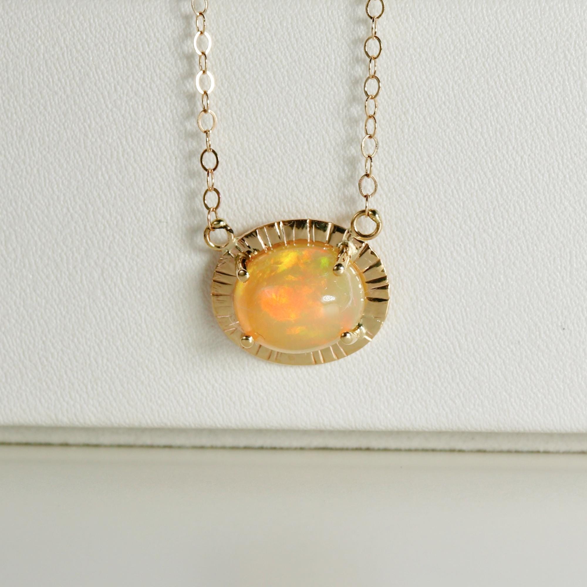 Halo Opal Necklace 14k Solid Gold, Genuine Fire Opal Pendant Necklace, October Birthstone Jewelry, Gift For Her