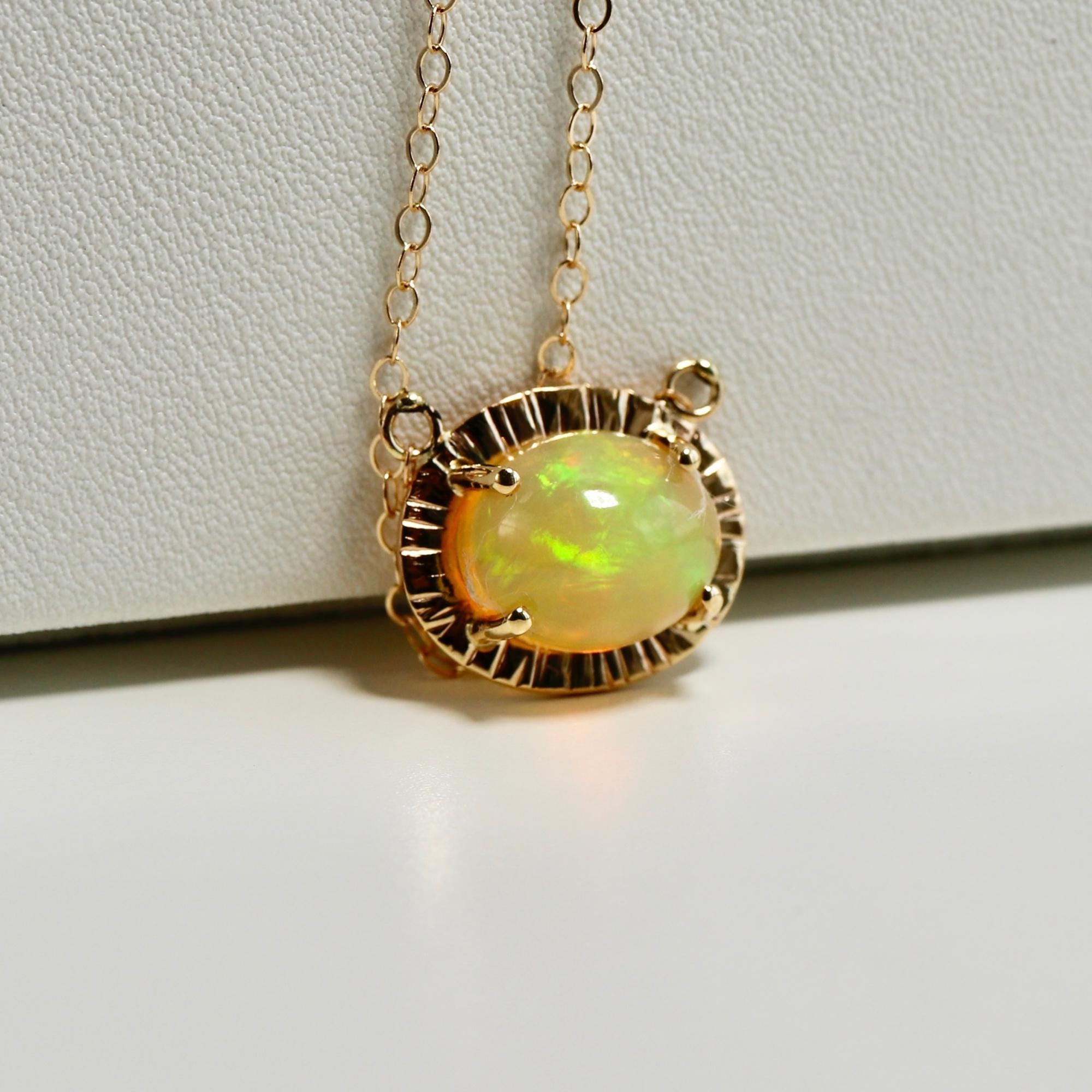 Halo Opal Necklace 14k Solid Gold, Genuine Fire Opal Pendant Necklace, October Birthstone Jewelry, Gift For Her