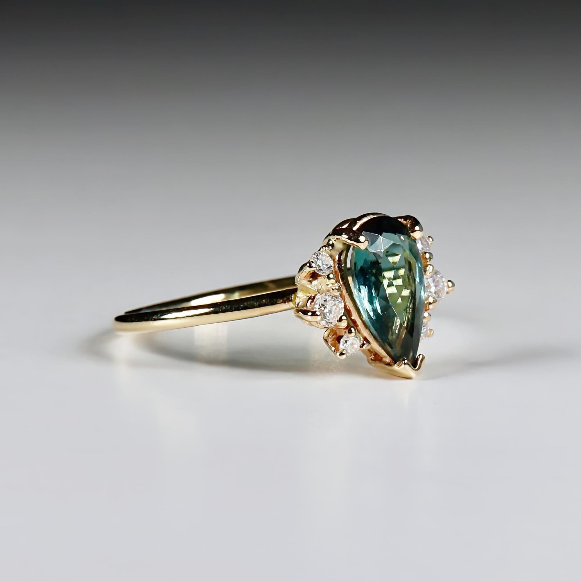 Pear Tourmaline with Diamond Engagement Ring 14k Solid Gold, Green Tourmaline Ring with Diamonds, Handmade Jewelry, Gemstone Anniversary