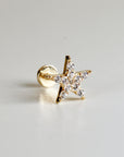 A gold star-shaped earring with clear, sparkling CZ diamonds. The earring has a flat back and a post for piercing. The star design is a popular jewelry motif, suitable for various styles and occasions.