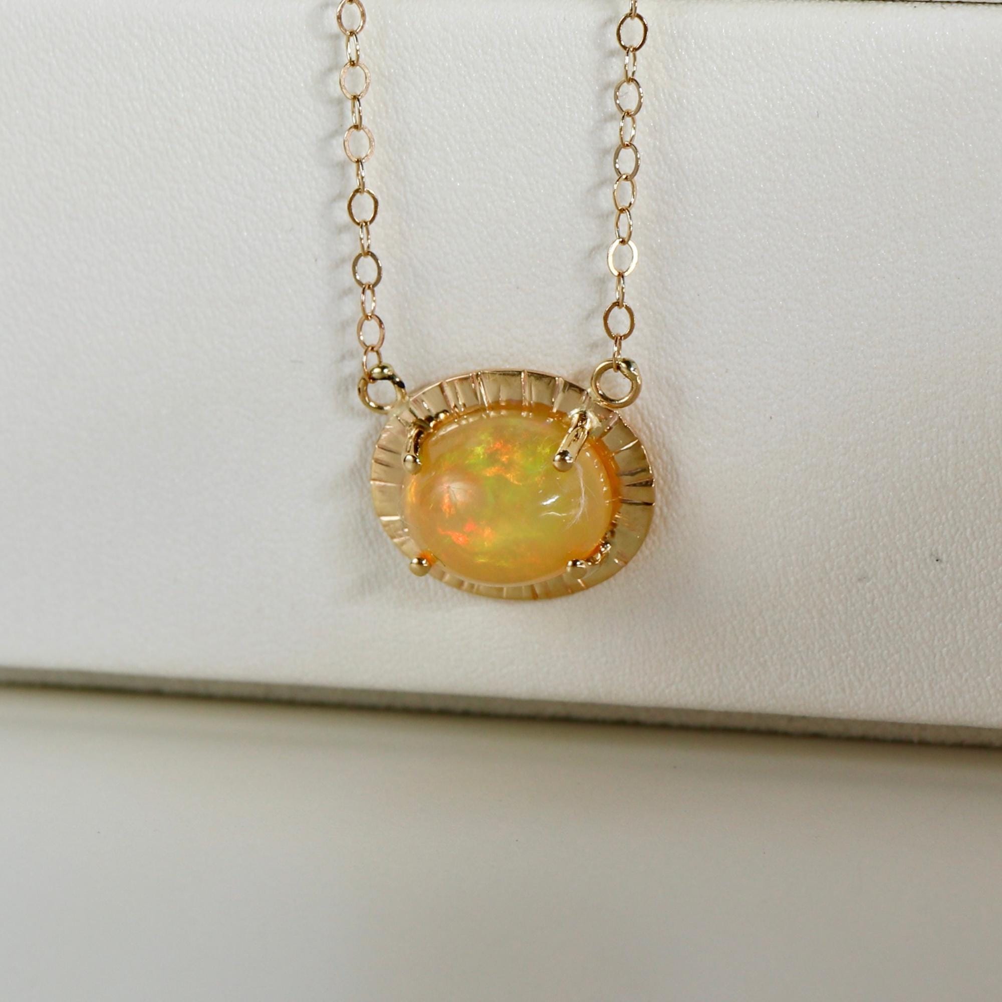Halo Opal Necklace 14k Solid Gold, Genuine Fire Opal Pendant Necklace, October Birthstone Jewelry, Gift For Her