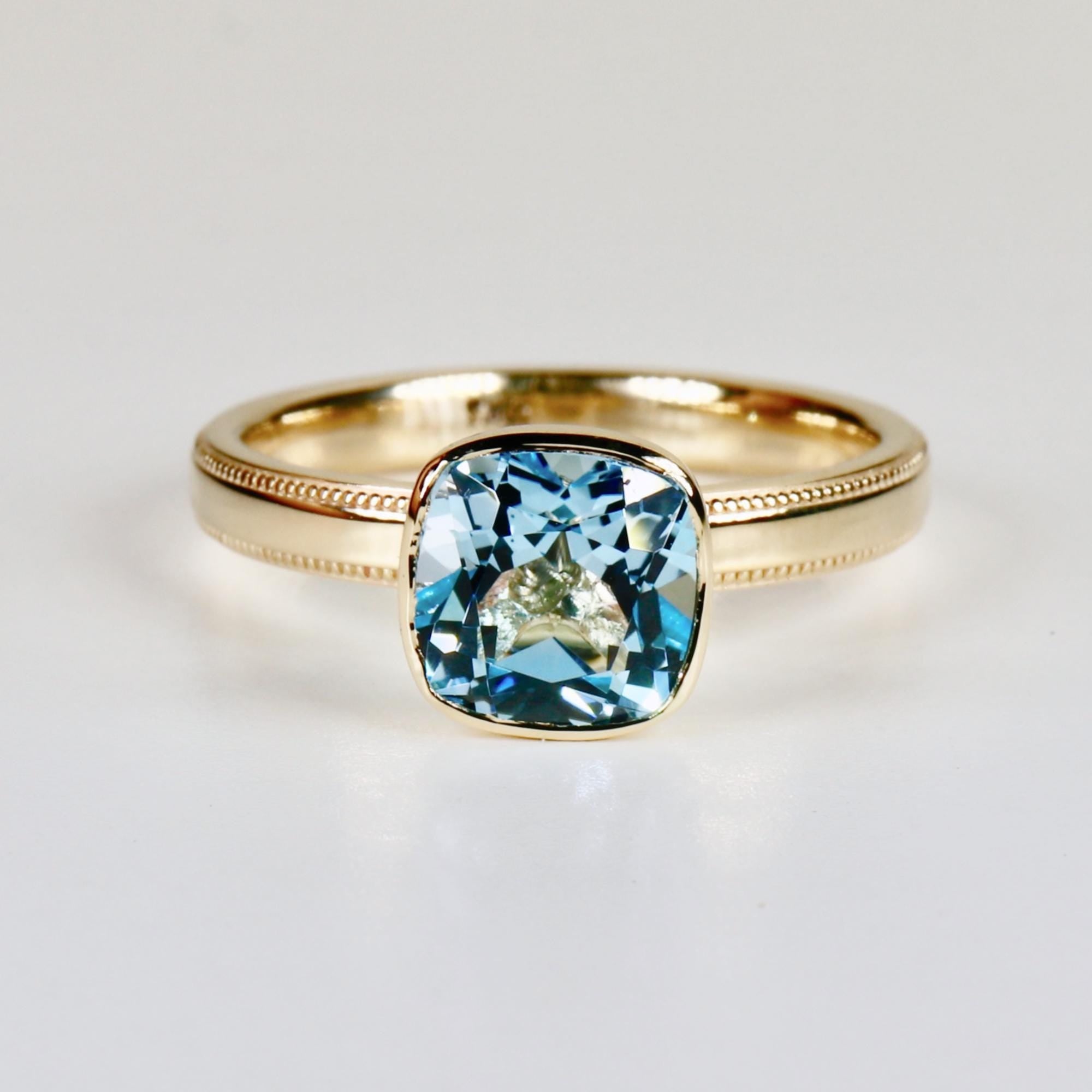 Cushion Cut Blue Topaz Engagement Ring 10k Gold, Handmade Bezel Set Solitaire Ring, Jewelry Gift For Wife, Bridal Jewelry