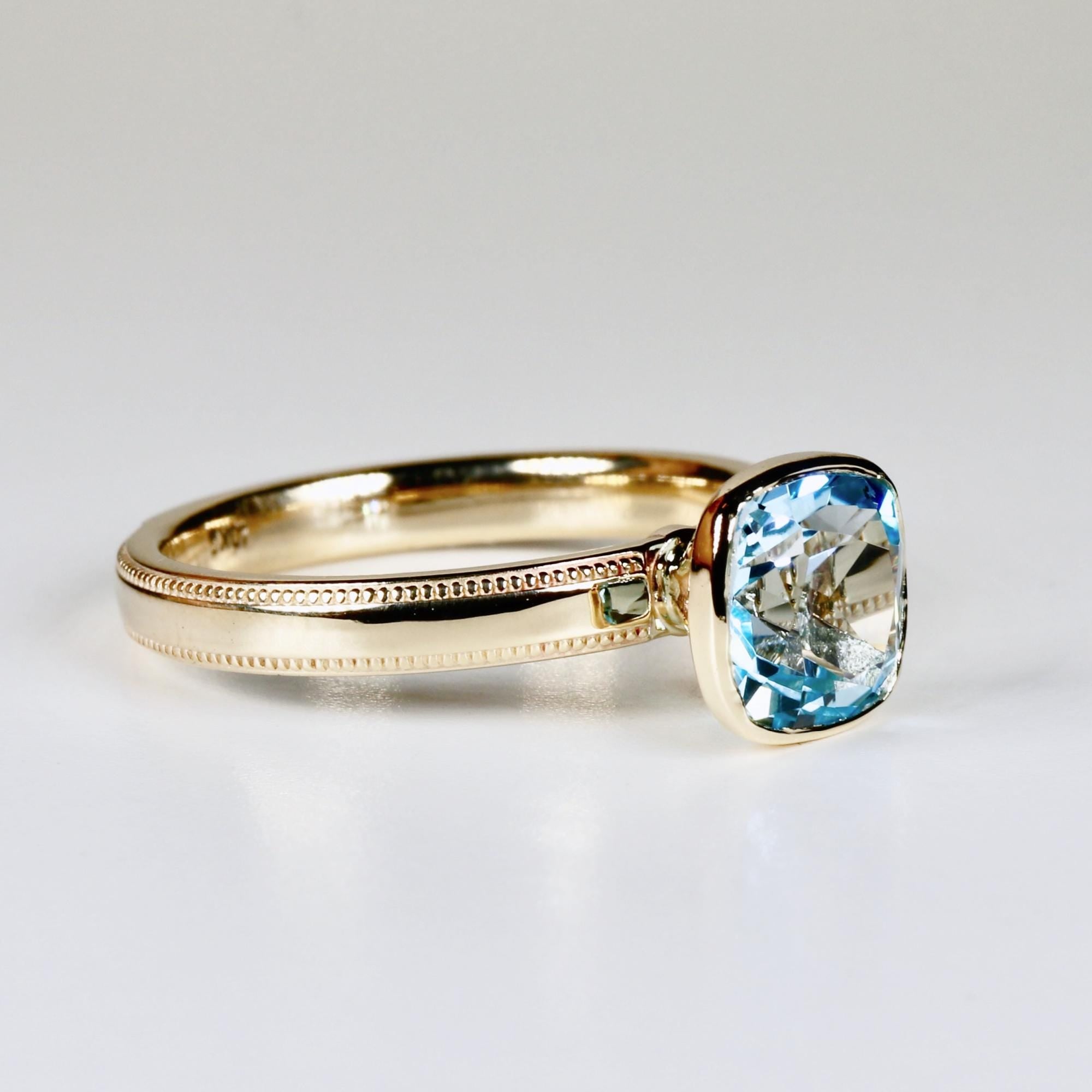 Cushion Cut Blue Topaz Engagement Ring 10k Gold, Handmade Bezel Set Solitaire Ring, Jewelry Gift For Wife, Bridal Jewelry