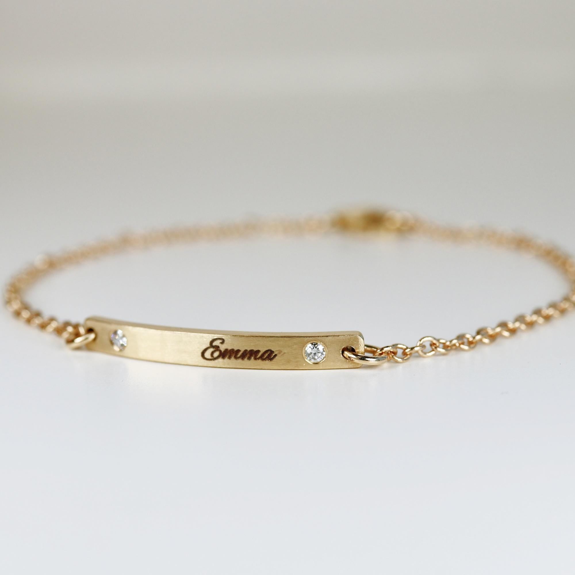 14k Solid Gold Custom Bar Bracelet, Personalized Nameplate, Dainty Engraved Bracelet for Women or Kids, Skinny Gold Bracelet, Kids Gift