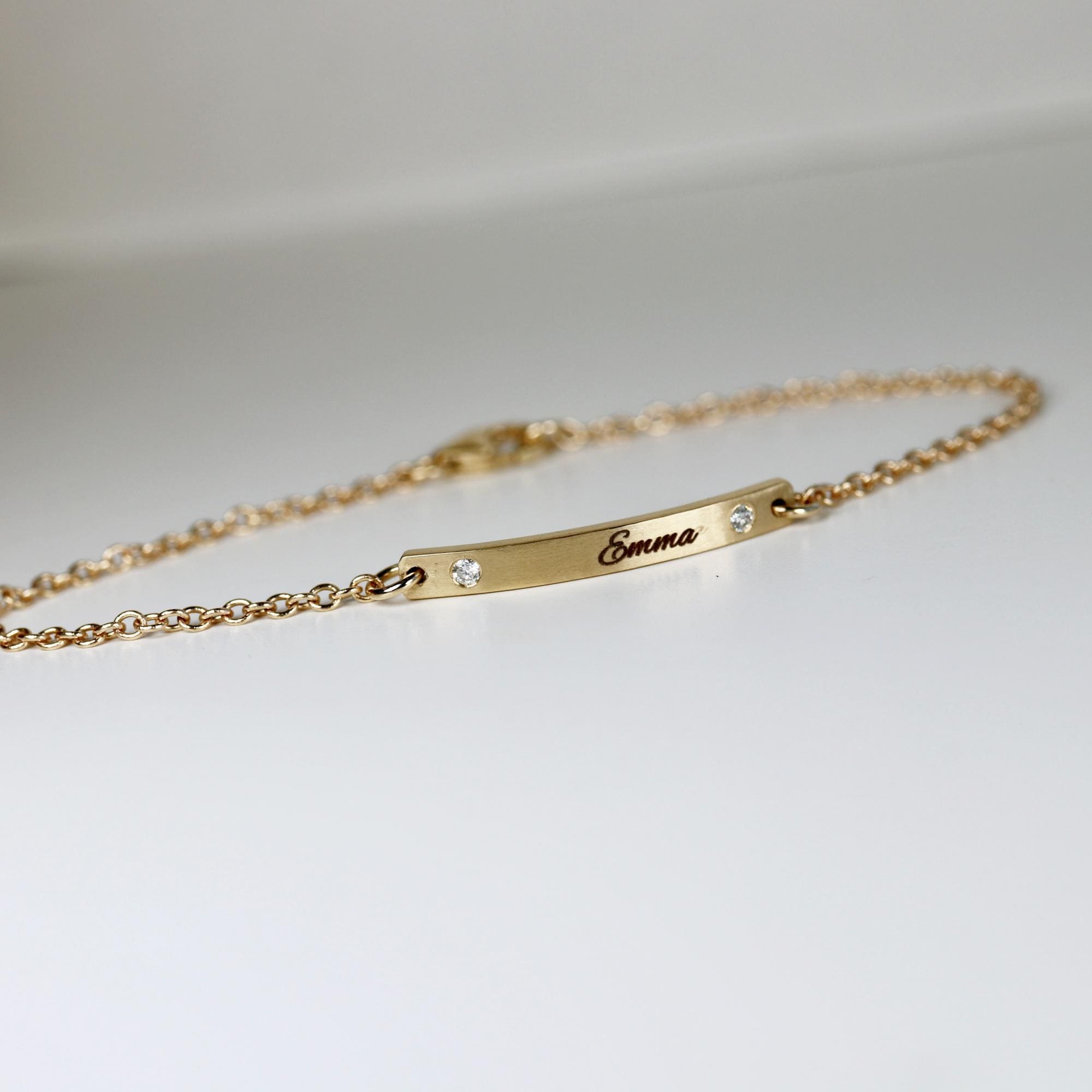 14k Solid Gold Custom Bar Bracelet, Personalized Nameplate, Dainty Engraved Bracelet for Women or Kids, Skinny Gold Bracelet, Kids Gift