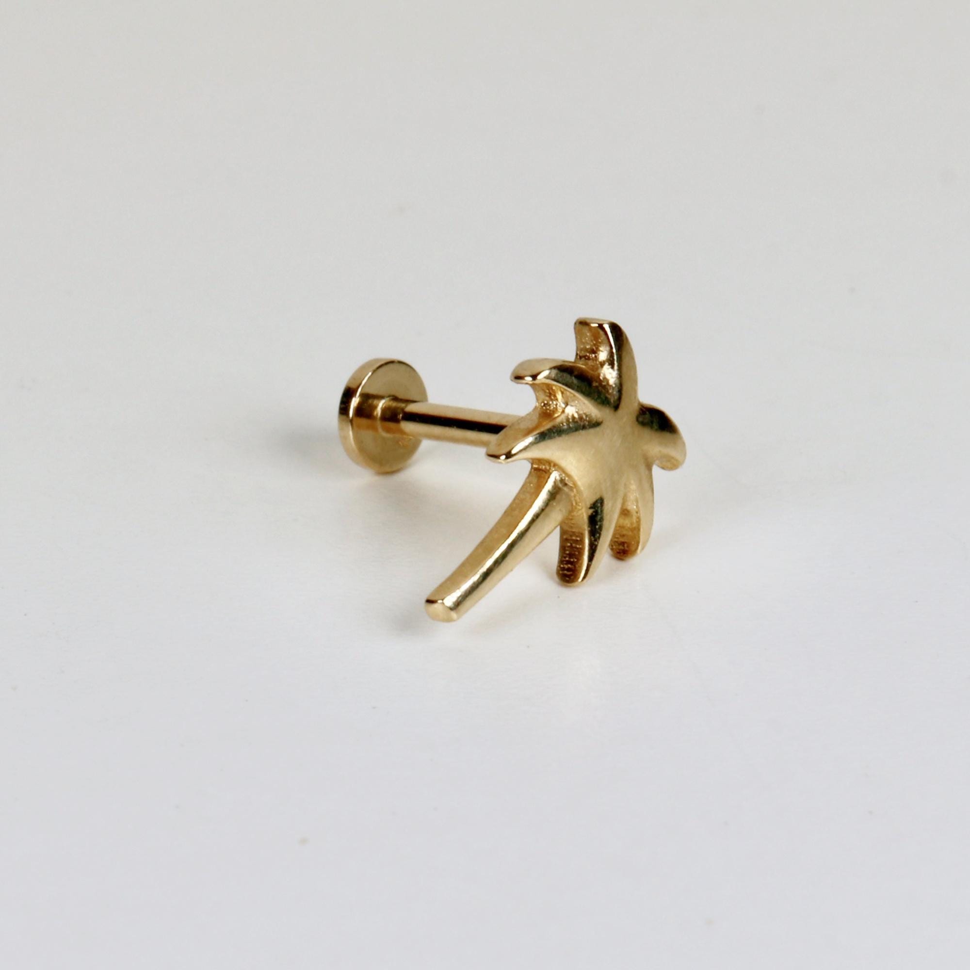 Palm Tree Flat Back Earrings 14k Solid Gold, Minimalist Earrings, Internally Threaded Earrings, Cartilage Earrings, Gift for Her
