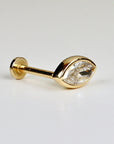 Marquise CZ bezel stud earrings in 14k solid gold with flat back and internally threaded post, displayed on a white background.