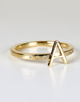 14k Gold Initial Ring with Diamonds, Modern Square Band Ring, Personalized Gold Ring with 6 Scattered Diamonds, Custom Gift for Her
