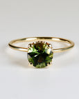 Olive Green Tourmaline Engagement Ring – Round Cut Gemstone in Tulip Setting, 14k Solid Gold, Unique Anniversary or Bridal Ring