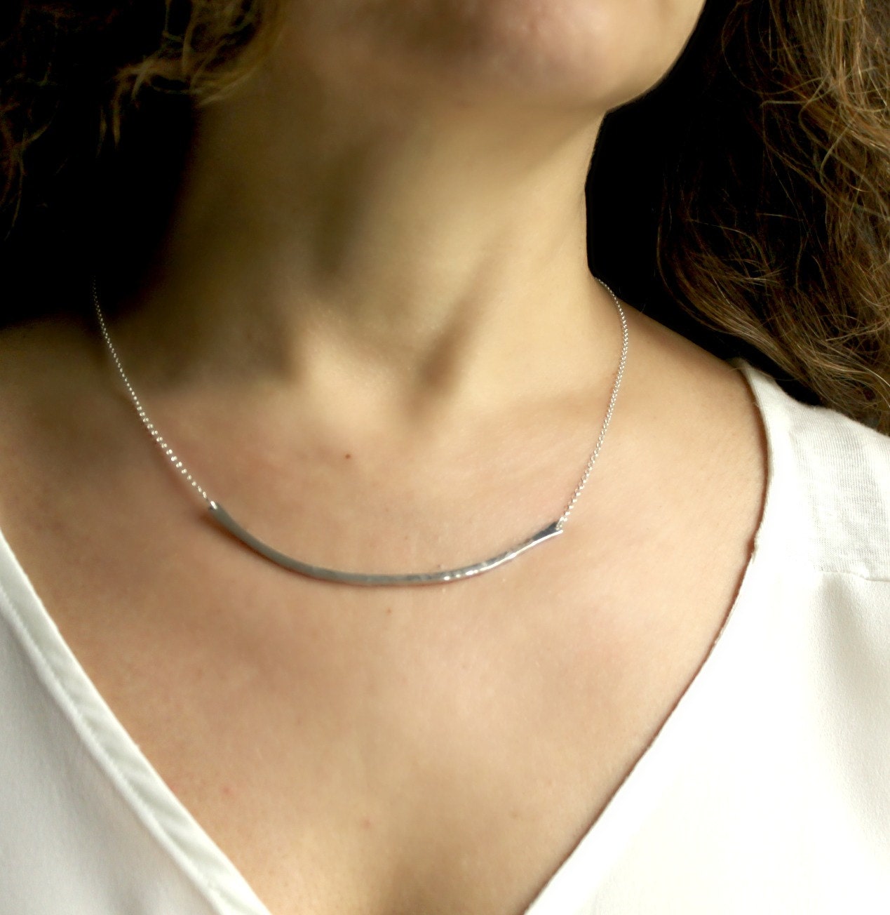 Curved Hammered Silver Bar Necklace
