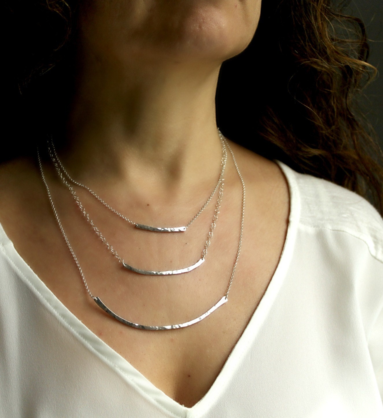 Curved Hammered Silver Bar Necklace