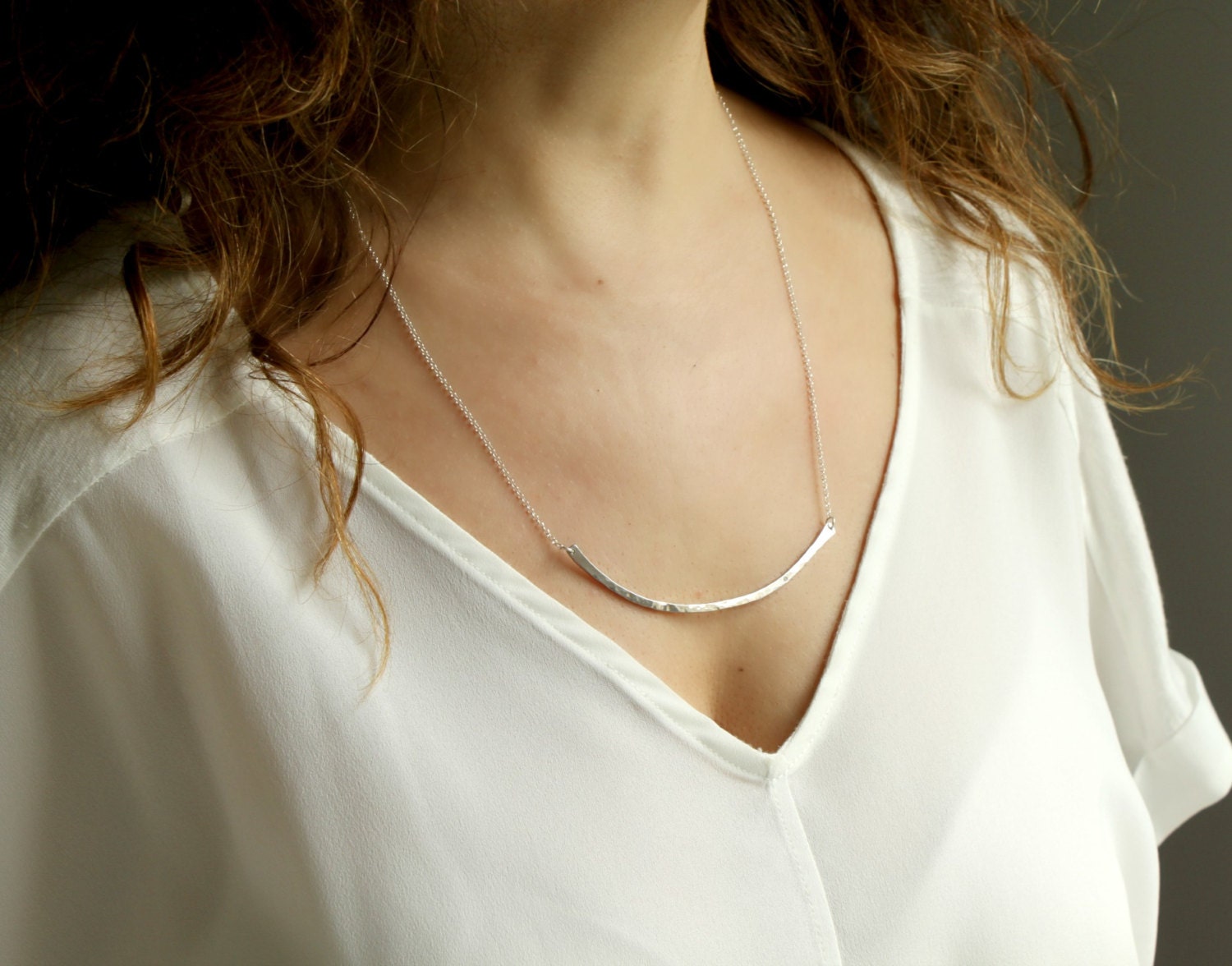 Curved Hammered Silver Bar Necklace