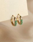 Emerald Huggie Hoop Earrings 14k Gold, 2mm Lab Grown Emerald Trio Hoops