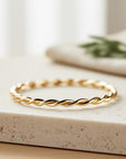 14k Solid Gold Braided Ring, Skinny Twisted Stacking Ring