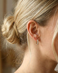 14k gold chunky diamond huggie earrings worn on ear, natural diamond hoops