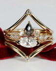 Rose Cut Pear Shape Salt and Pepper Diamond Ring 14k Yellow Gold