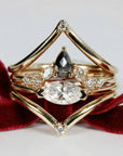 Rose Cut Pear Shape Salt and Pepper Diamond Ring 14k Yellow Gold