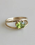 14k gold peridot ring with double band design, handmade gemstone ring, August birthstone anniversary jewelry