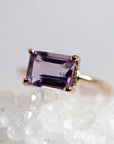 14k solid gold emerald cut amethyst ring, purple February birthstone, art deco gemstone ring for her