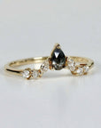 Pear shaped salt and pepper diamond cluster ring in 14k yellow gold, rose cut rustic diamond alternative engagement ring