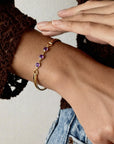 14k gold filled open cuff bracelet with three colorful birthstones, bridesmaid jewelry gift